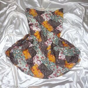 y2k Strapless midi skirt Brown Excellent Patchwork Floral Tiered Uniform JPR L